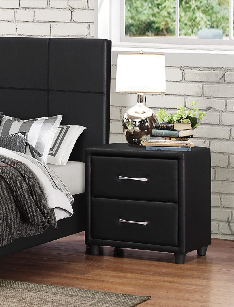 Bedside nightstand in black faux leather with two drawers and silver-tone bar pulls