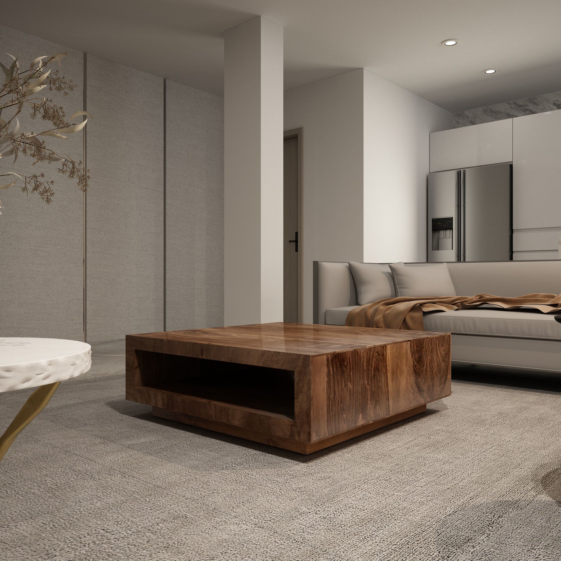 Low Profile Premium Solid Wood Coffee Table by Doba in dark brown finish, with a white round side table also visible