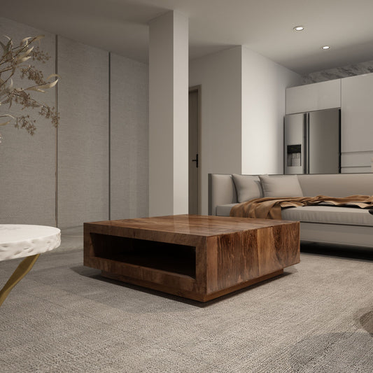 Low Profile Premium Solid Wood Coffee Table by Doba in dark brown finish, with a white round side table also visible