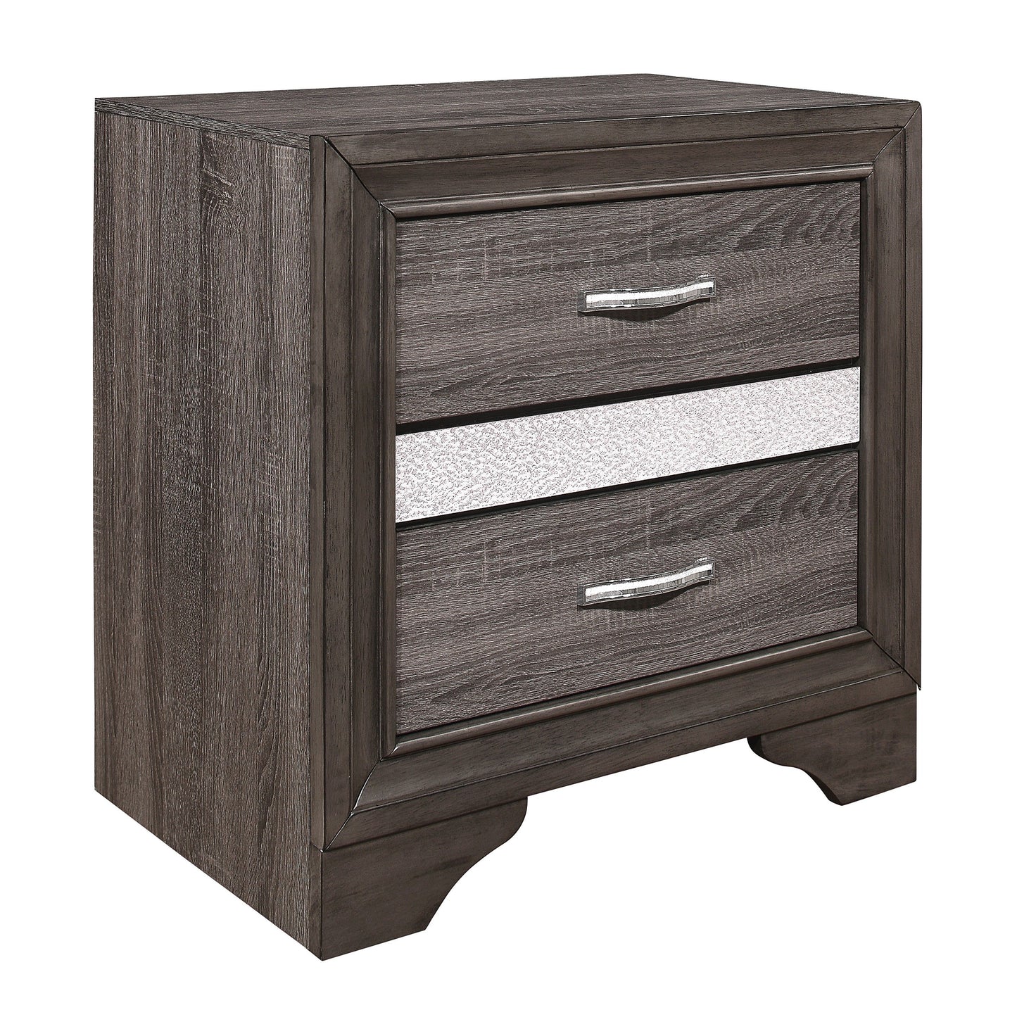 Glamorous two-tone finish nightstand with hidden jewelry drawer and polished chrome bar pull by Doba
