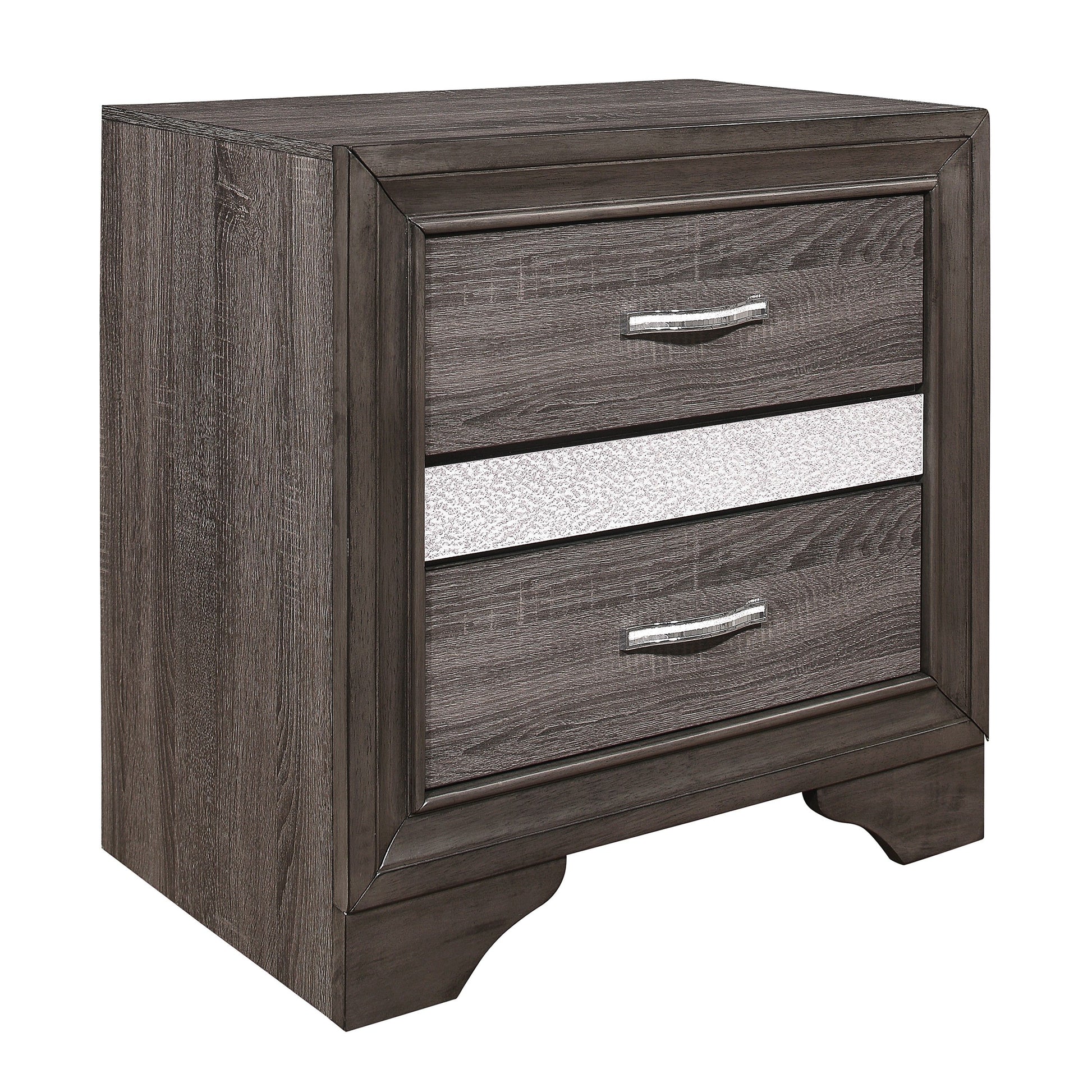 Glamorous two-tone finish nightstand with hidden jewelry drawer and polished chrome bar pull by Doba