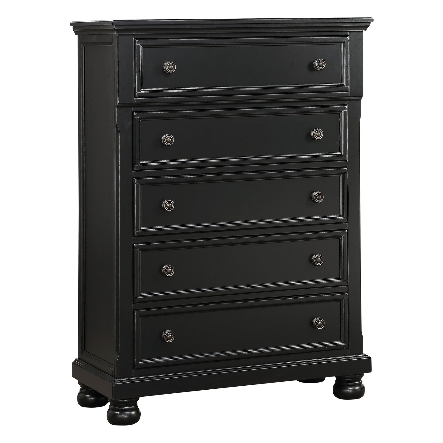 Chest of drawers by Doba, black finish with bun feet for casual transitional bedroom furniture