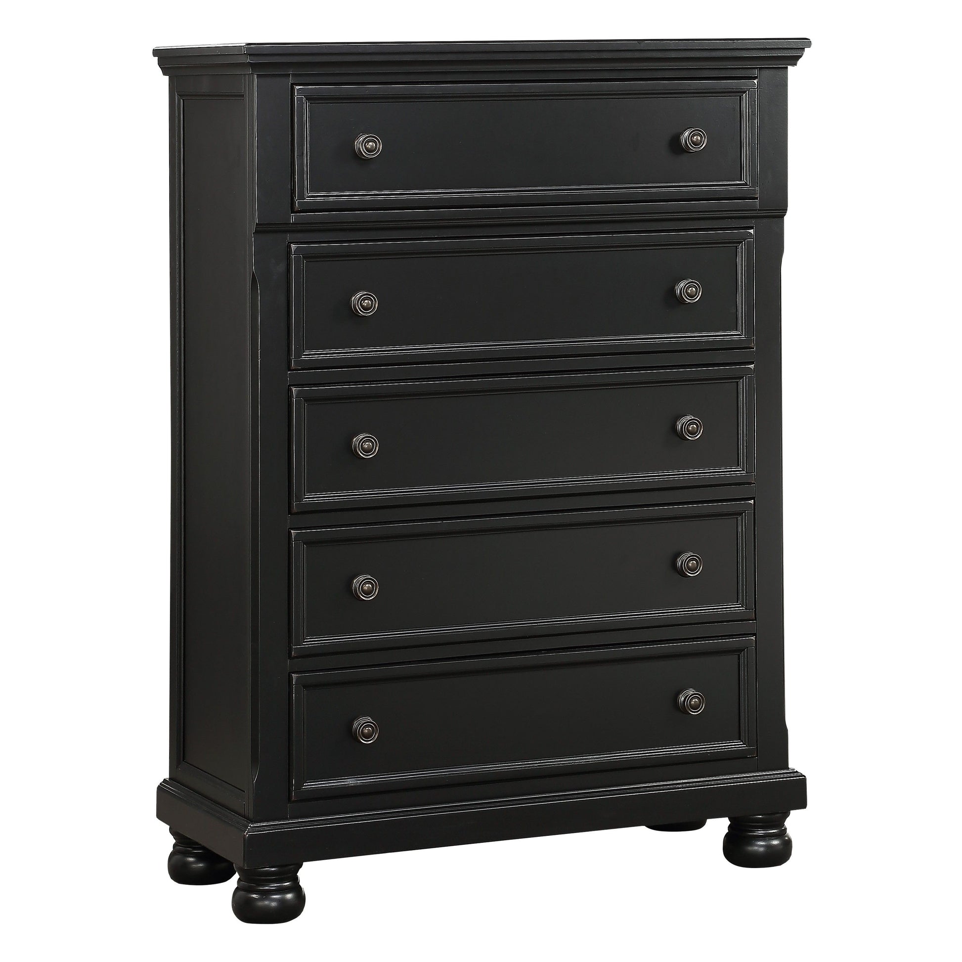 Chest of drawers by Doba, black finish with bun feet for casual transitional bedroom furniture