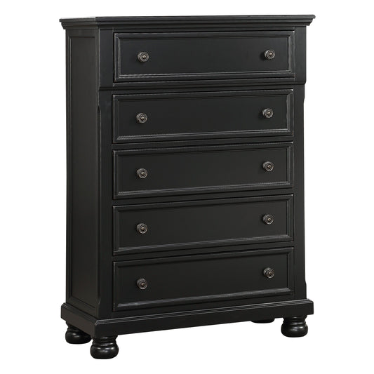 Chest of drawers by Doba, black finish with bun feet for casual transitional bedroom furniture