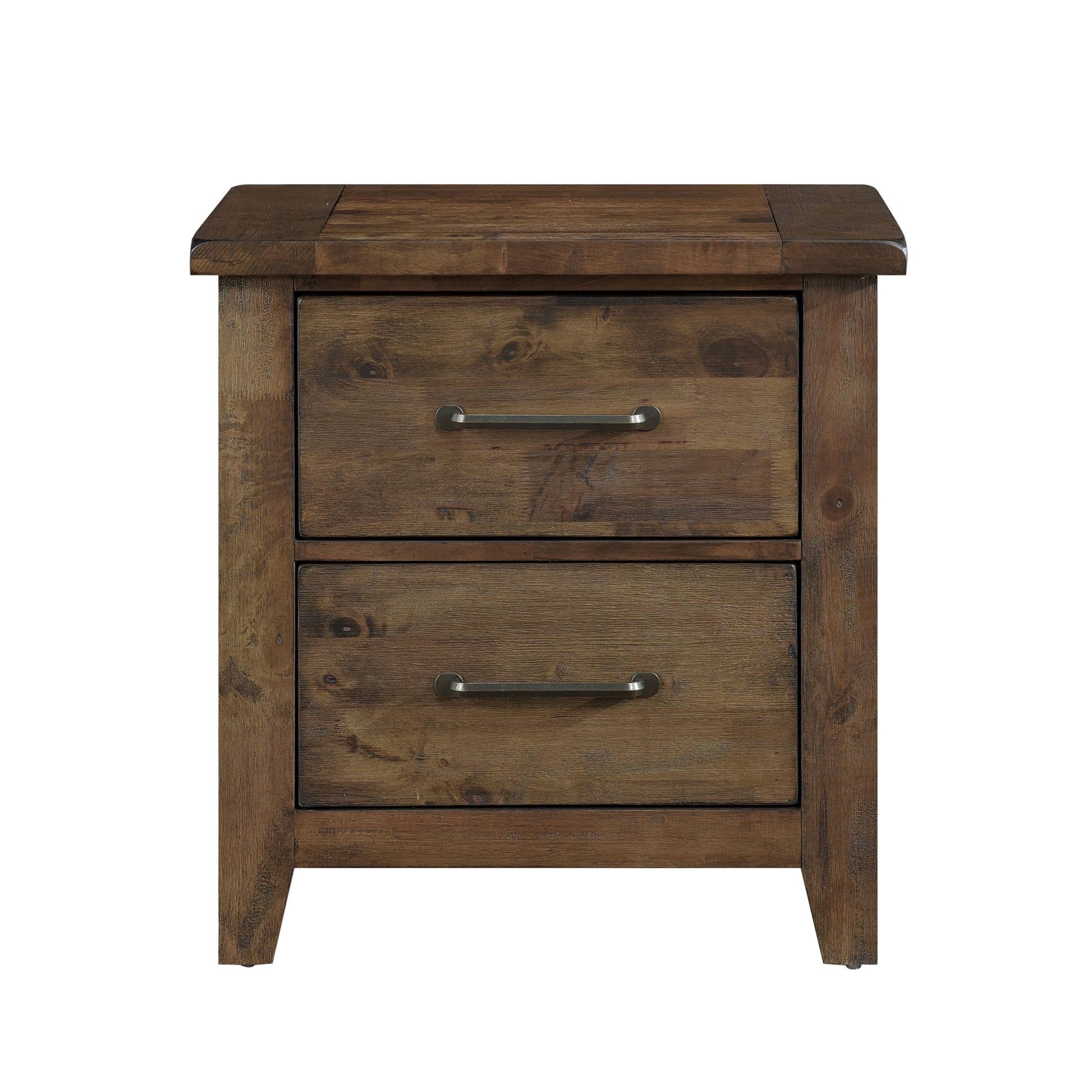 Nightstand in burnished finish, solid rubberwood with two drawers, rustic bedside table.