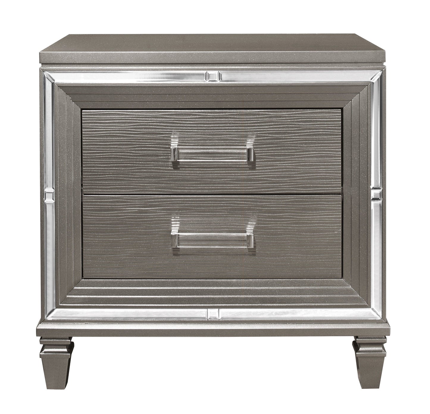 Nightstand in silver-gray metallic finish with beveled mirror trim and dovetail drawers