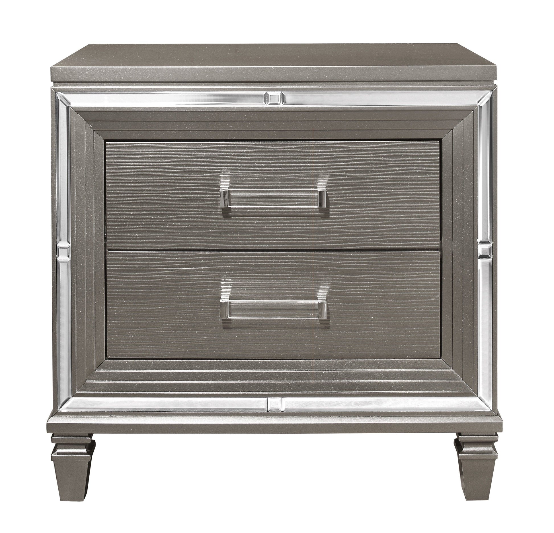 Nightstand in silver-gray metallic finish with beveled mirror trim and dovetail drawers