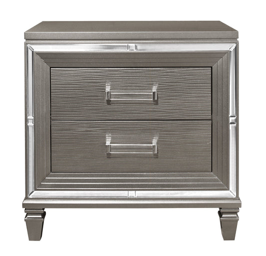Nightstand in silver-gray metallic finish with beveled mirror trim and dovetail drawers