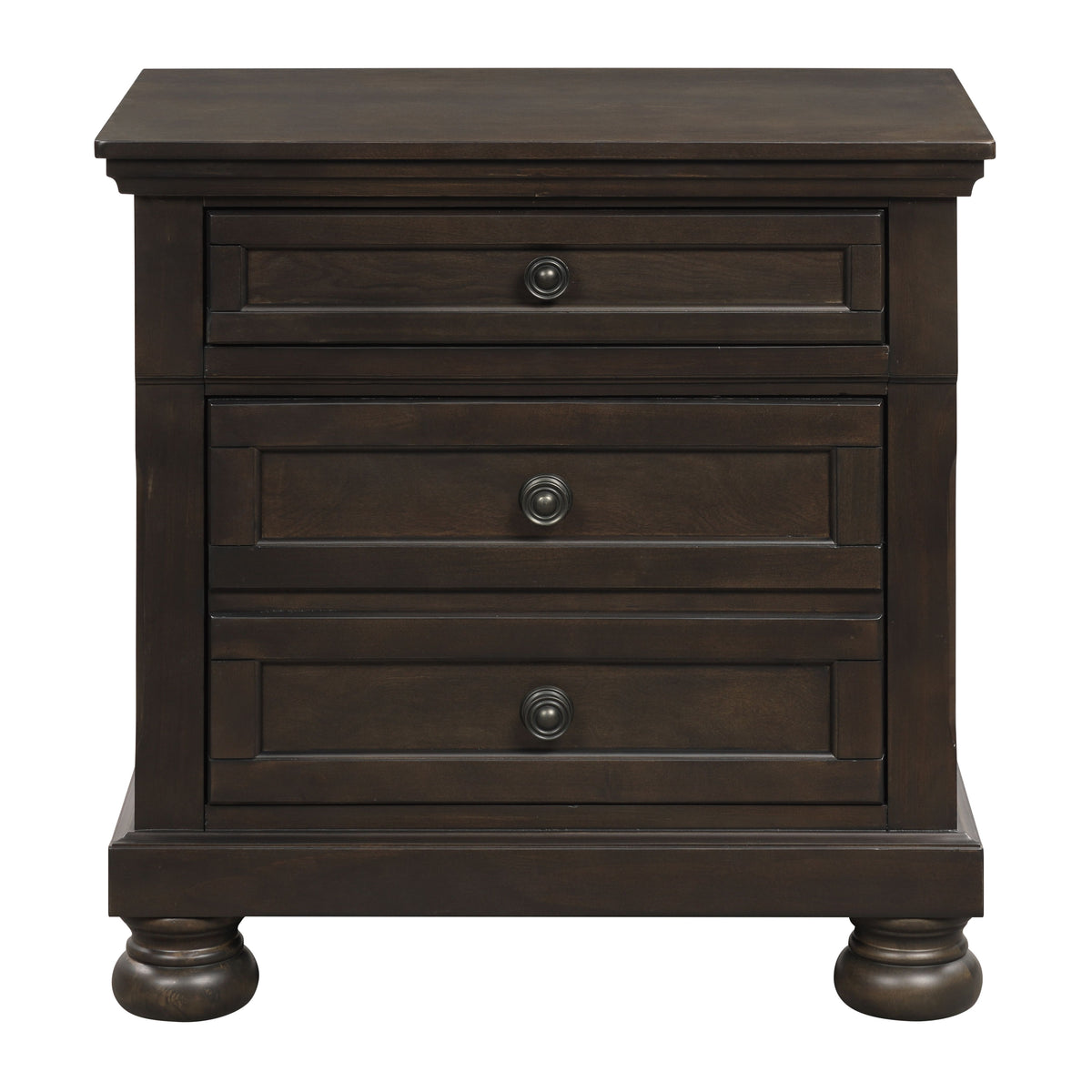Nightstand with two dovetail drawers, round knob pulls, bun feet, dark gray-brown wood finish