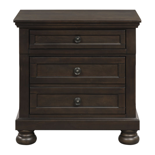 Nightstand with two dovetail drawers, round knob pulls, bun feet, dark gray-brown wood finish