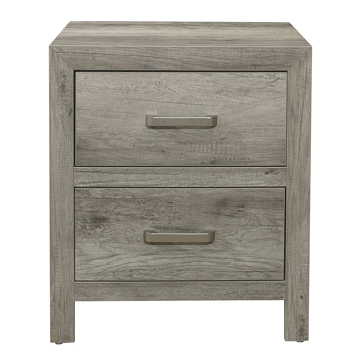 Nightstand with two drawers in weathered gray faux-wood veneer and nickel hardware