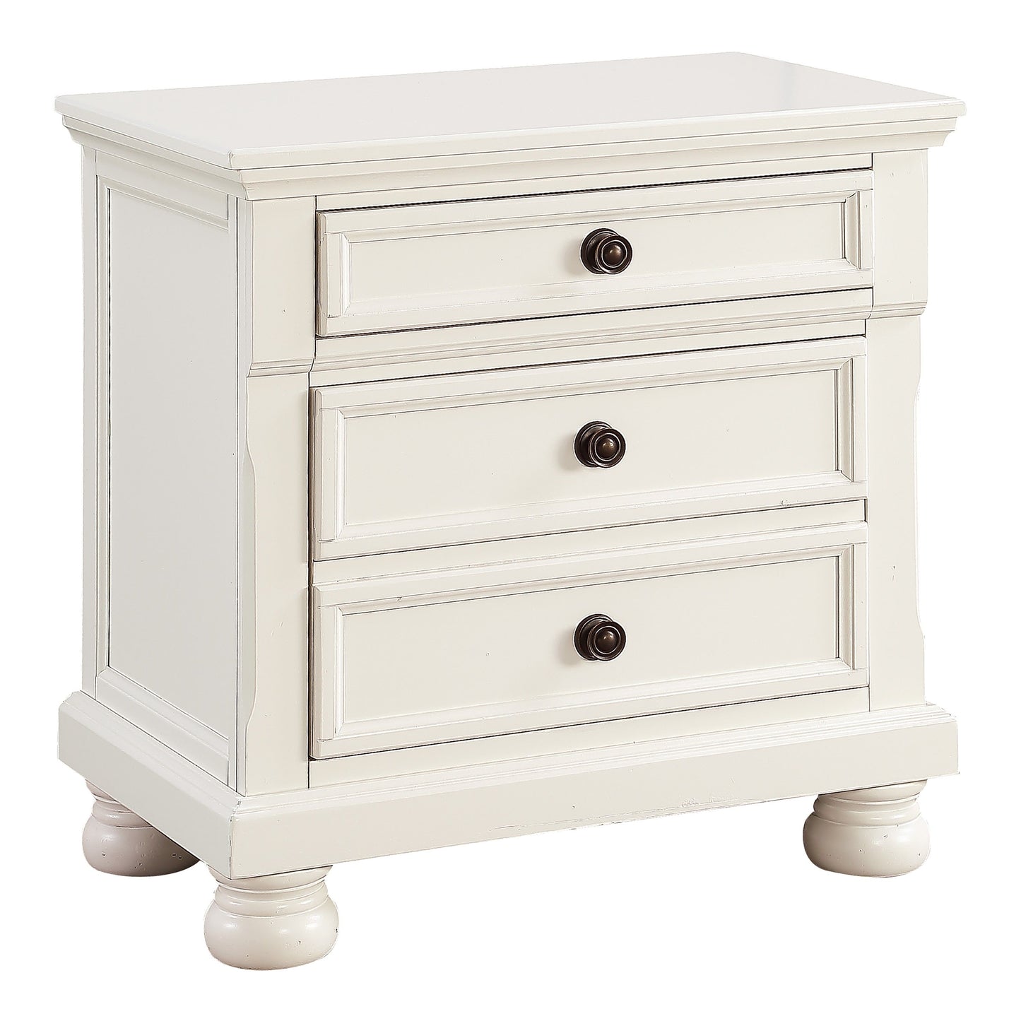Nightstand with bun feet in white finish, hidden drawer bedside table