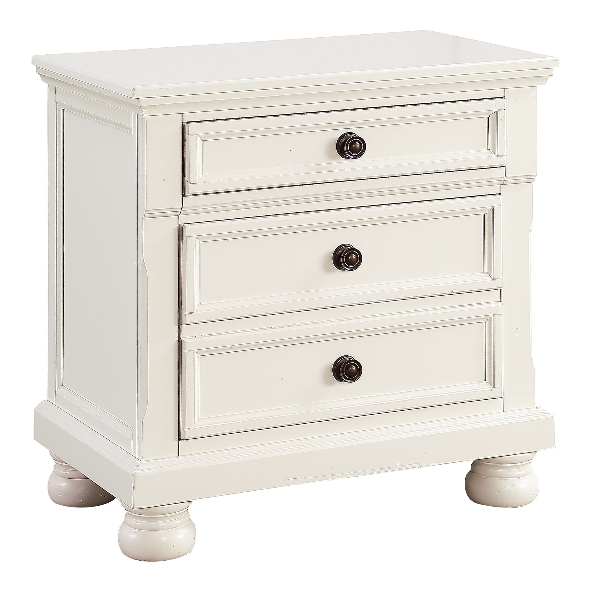 Nightstand with bun feet in white finish, hidden drawer bedside table