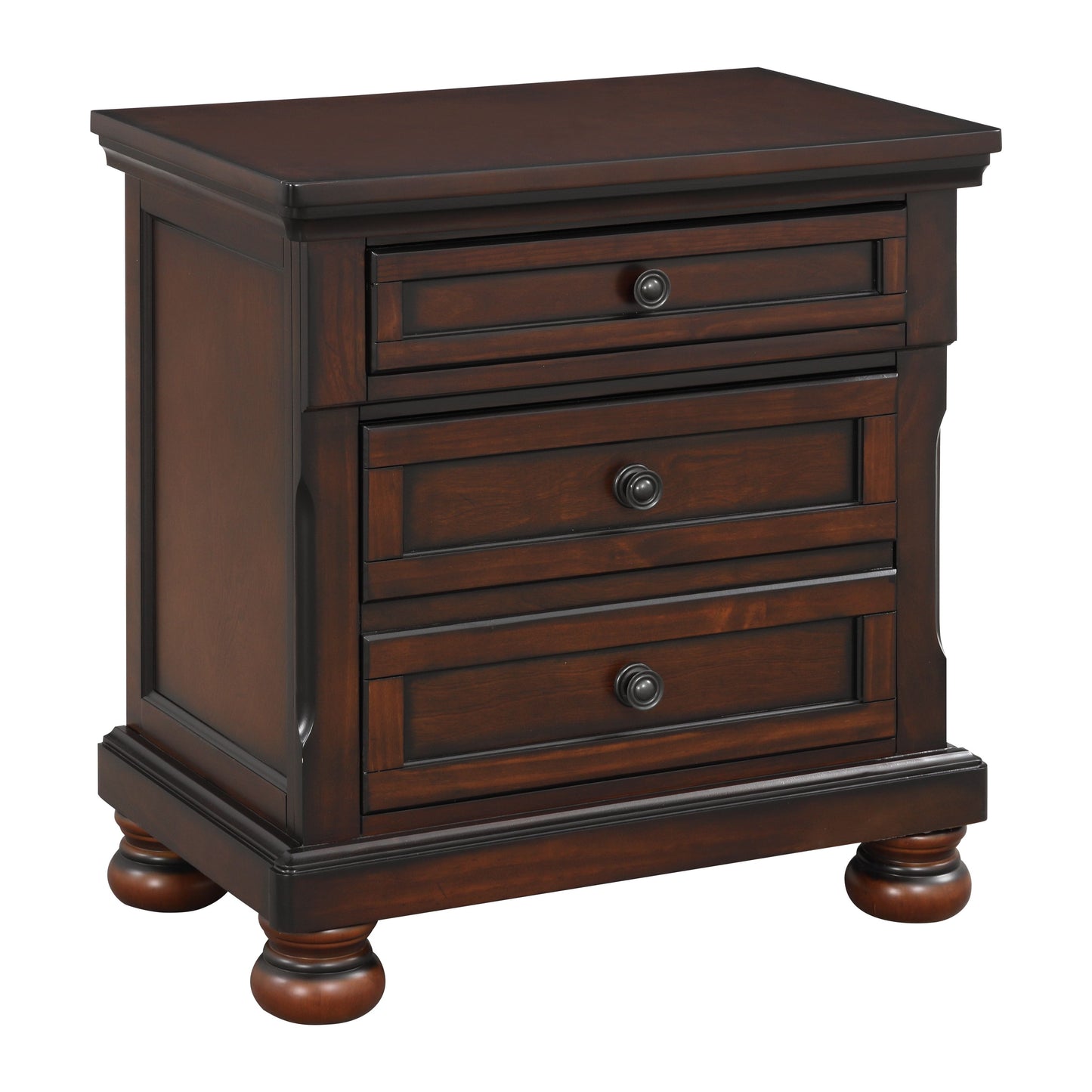 Nightstand by Doba in brown cherry finish birch veneer with hidden drawer and bun feet