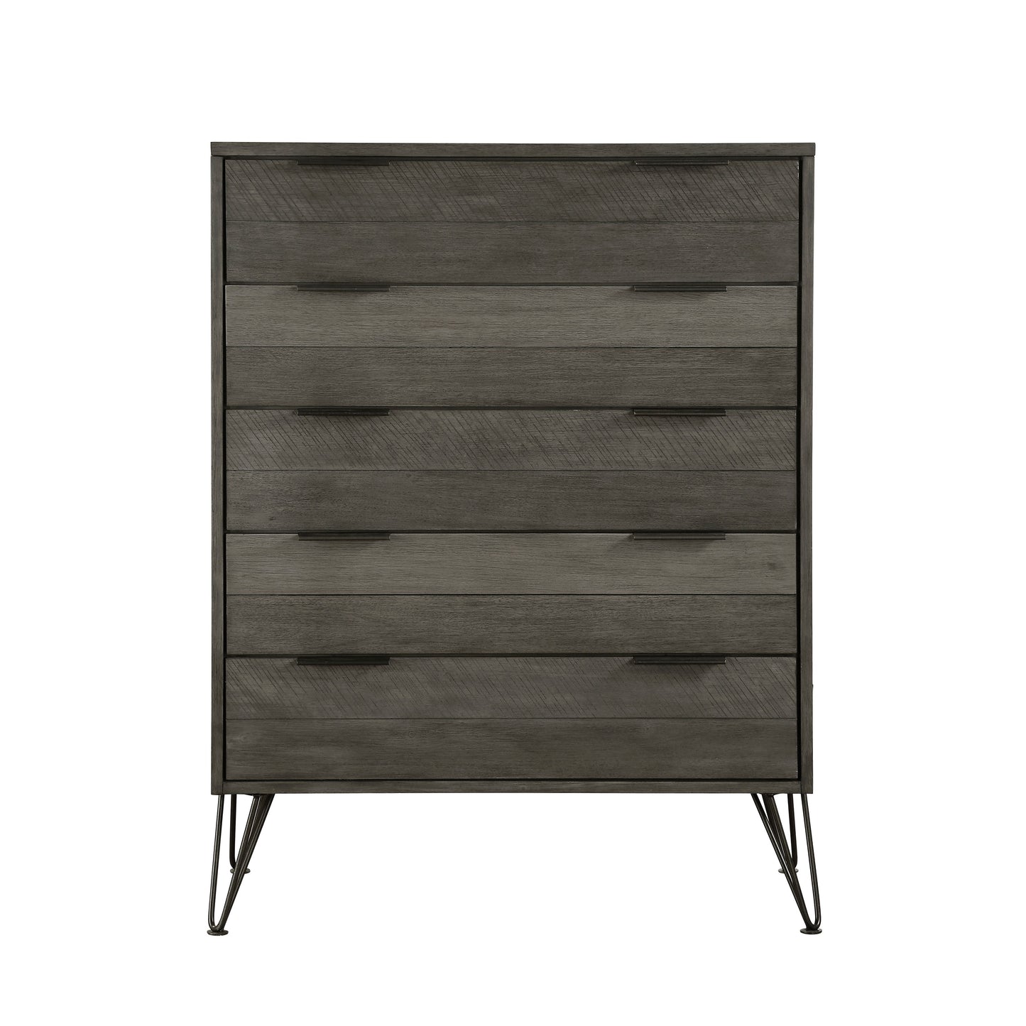 Contemporary three-tone gray finish chest of drawers on metal hairpin legs, acacia veneer.