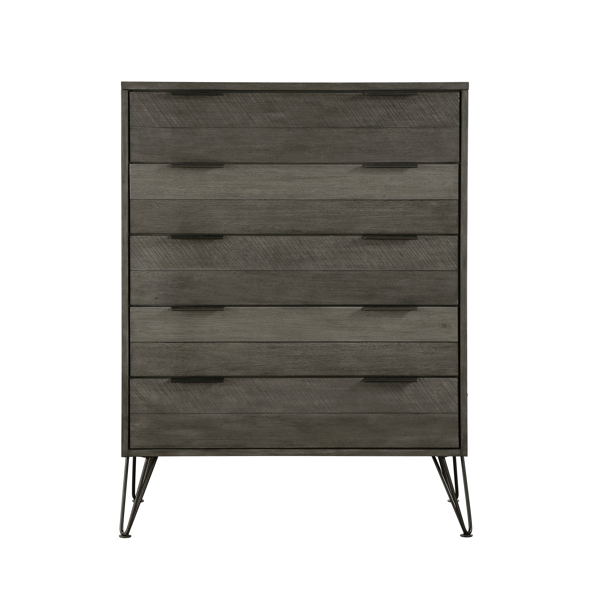Contemporary three-tone gray finish chest of drawers on metal hairpin legs, acacia veneer.
