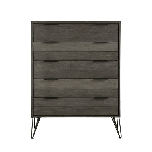 Contemporary three-tone gray finish chest of drawers on metal hairpin legs, acacia veneer.