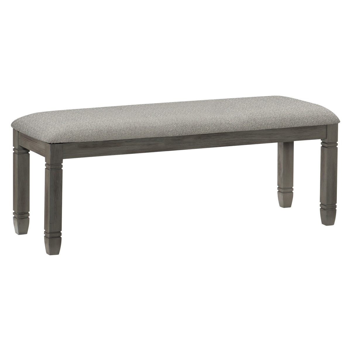 Wood frame dining bench, 1pc, antique gray finish with neutral gray fabric seat.