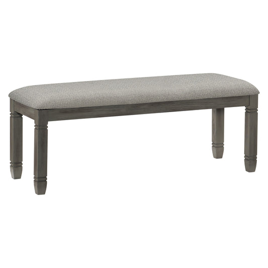 Wood frame dining bench, 1pc, antique gray finish with neutral gray fabric seat.