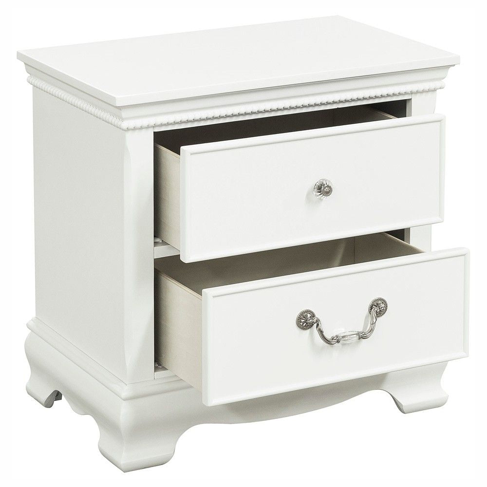 Nightstand, white traditional wood finish with two drawers and ornate base, Doba