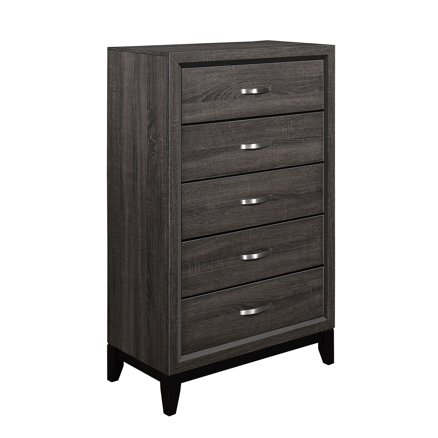Dovetail-drawer chest in gray finish with polished chrome bar pulls for contemporary bedroom storage