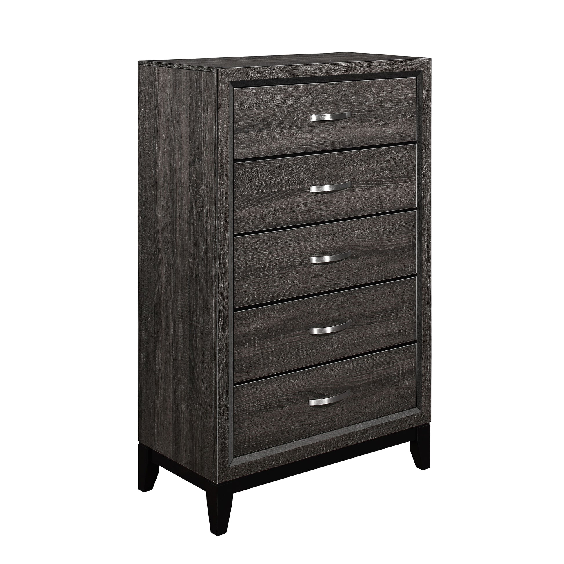 Dovetail-drawer chest in gray finish with polished chrome bar pulls for contemporary bedroom storage