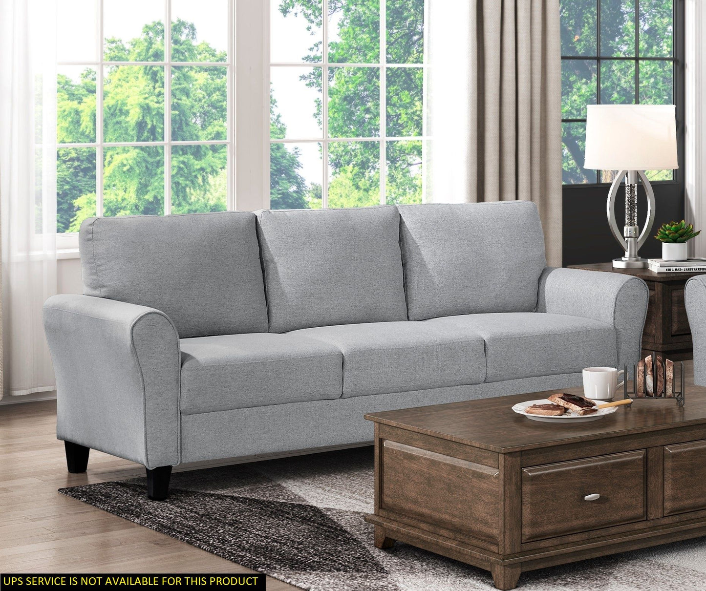 Modern 1-piece sofa in dark gray textured fabric with rounded arms and attached cushions