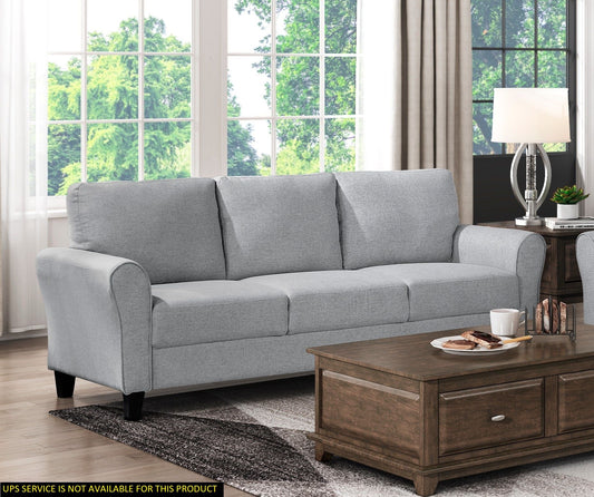 Modern 1-piece sofa in dark gray textured fabric with rounded arms and attached cushions