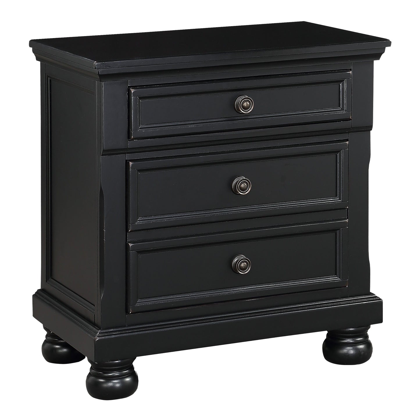Nightstand with bun feet in black finish featuring multiple drawers and metal knob pulls