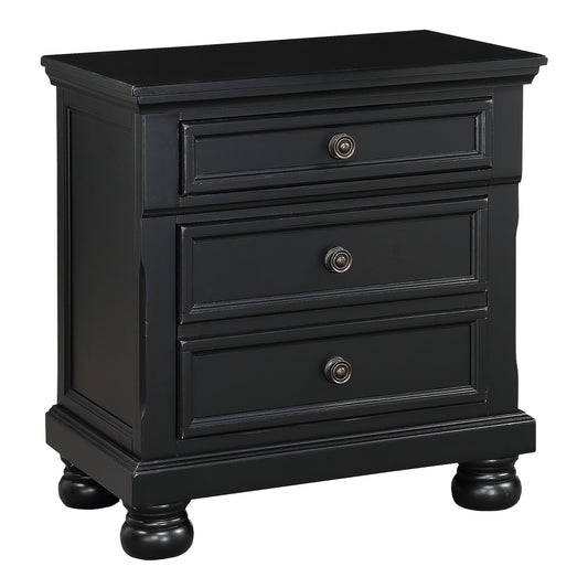 Nightstand with bun feet in black finish featuring multiple drawers and metal knob pulls