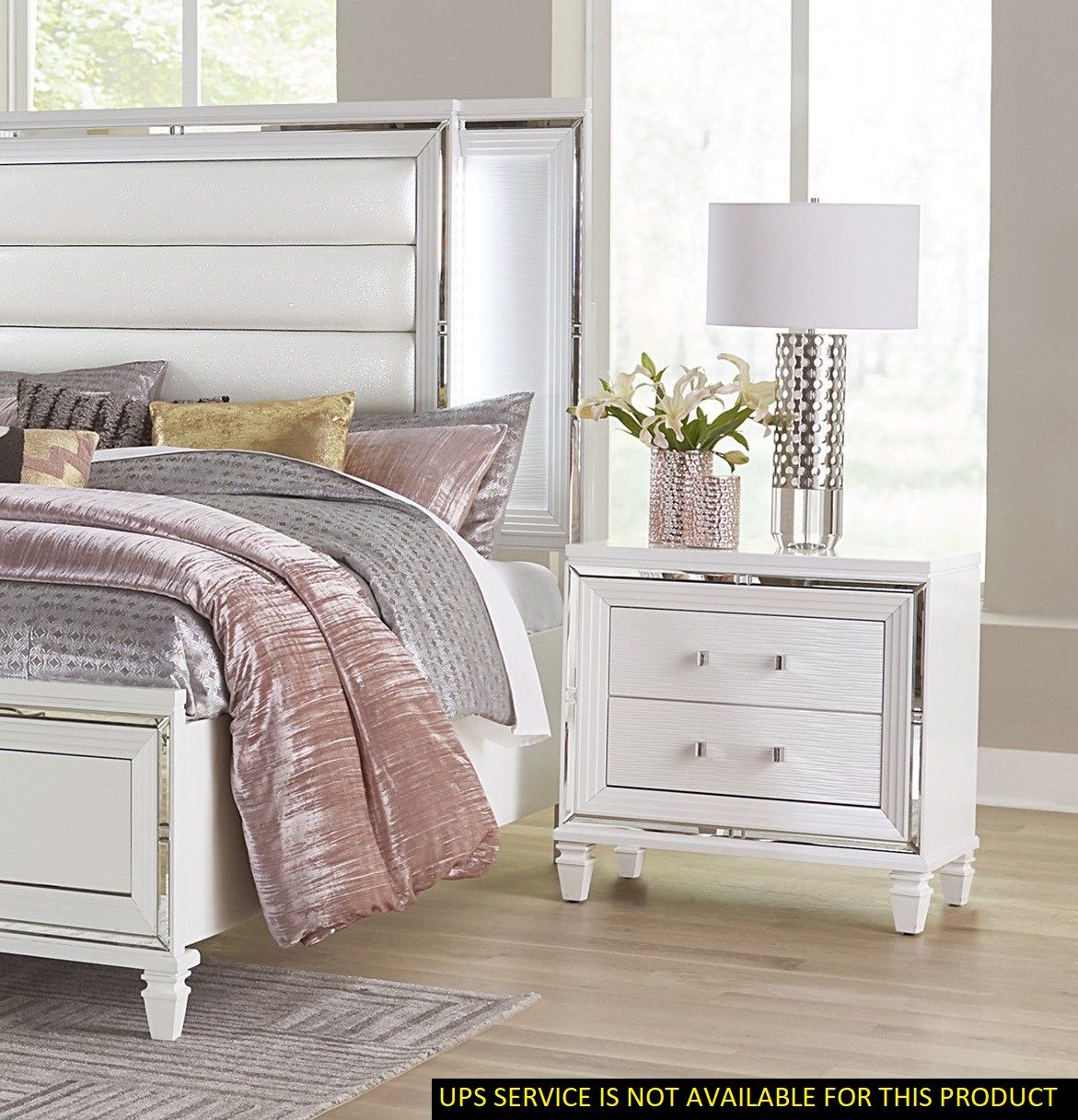 Glamorous white-silver nightstand with two drawers, mirrored frame and acrylic bar pulls