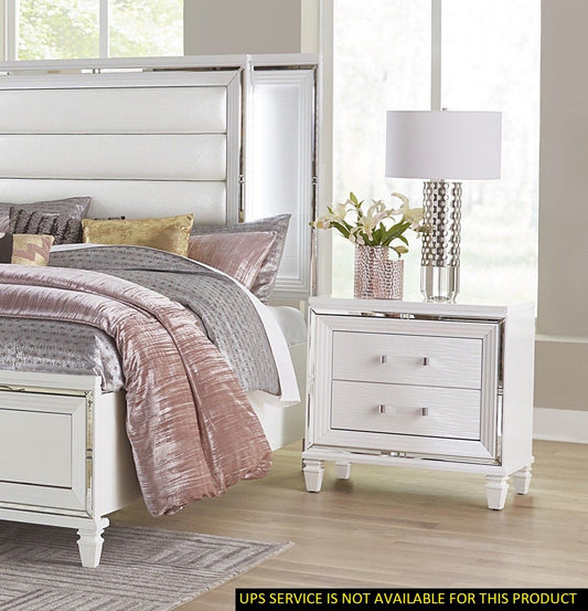 Glamorous white-silver nightstand with two drawers, mirrored frame and acrylic bar pulls