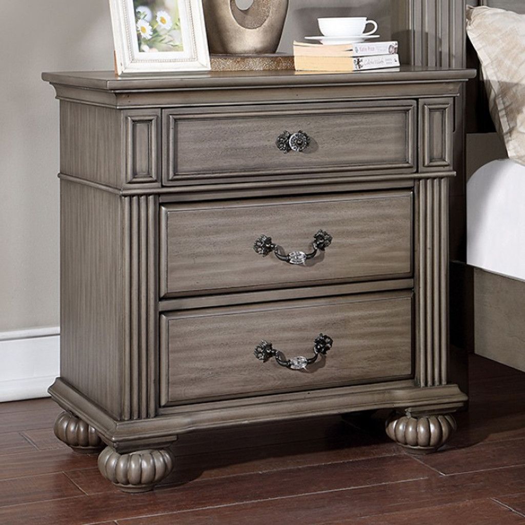 Nightstand, gray solid wood with 3 drawers, ball-bearing metal glides, antique-brass handles and acrylic accents