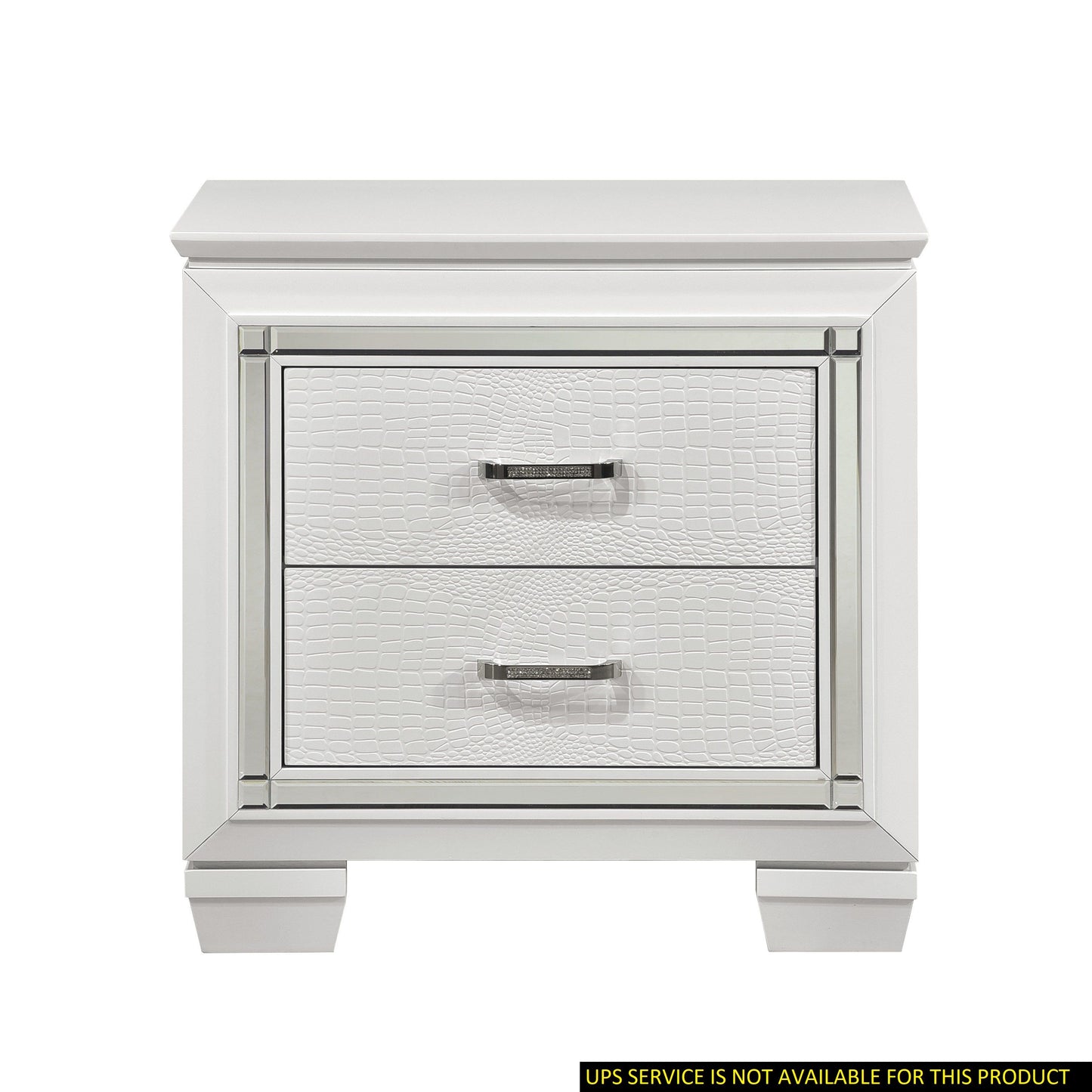 Doba white nightstand with two faux crocodile-embossed drawers and a mirrored frame