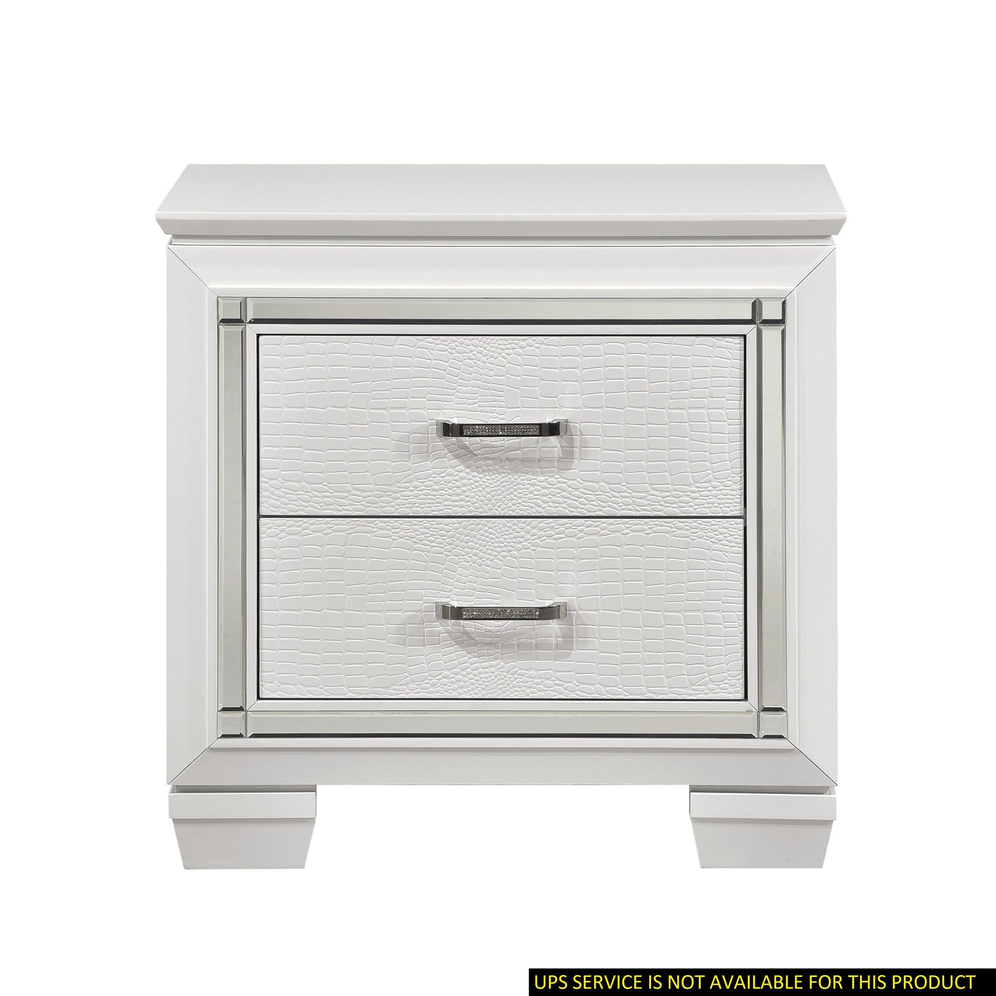 Doba white nightstand with two faux crocodile-embossed drawers and a mirrored frame