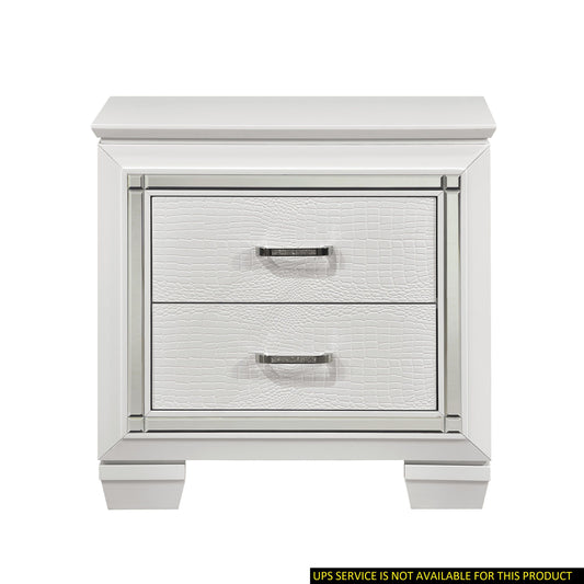 Doba white nightstand with two faux crocodile-embossed drawers and a mirrored frame