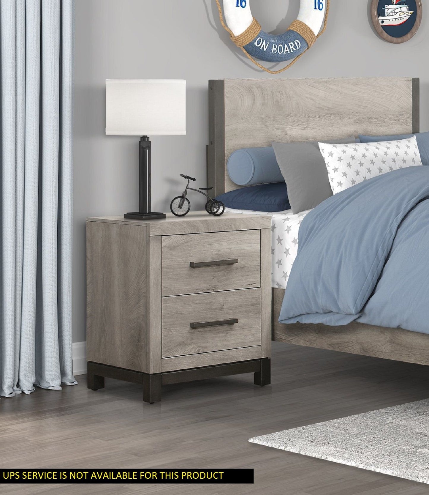 Nightstand in gray finish with three drawers, metal bar hardware, melamine wood bedroom furniture