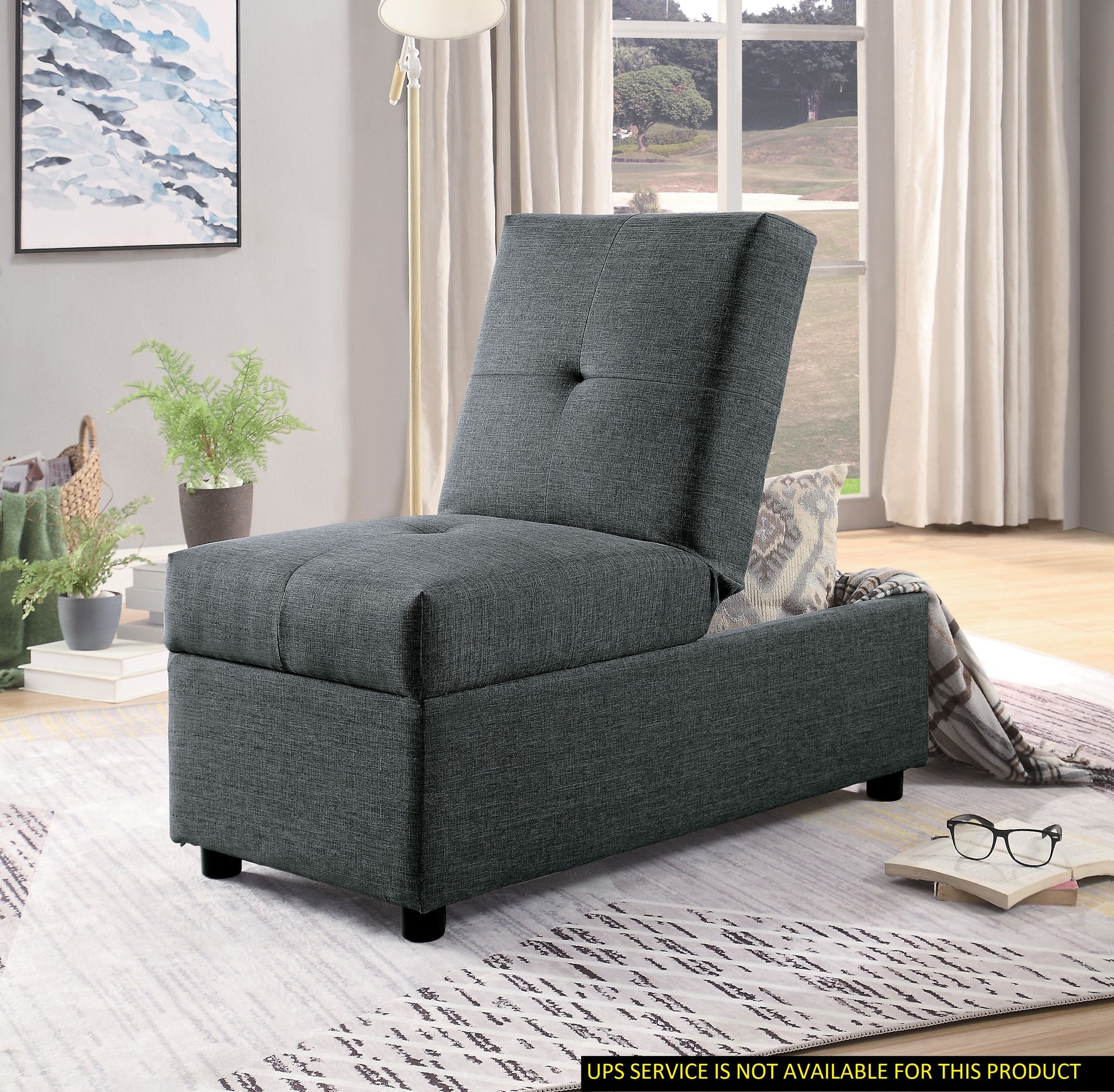 Gray fabric storage ottoman chair with foam cushion, convertible design and solid wood frame for living room