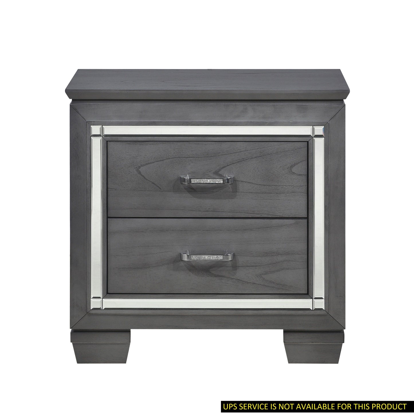 Doba Glamourous gray nightstand with 2 drawers, crystal bar pulls and mirrored trim.