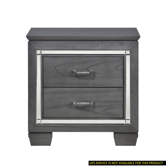 Doba Glamourous gray nightstand with 2 drawers, crystal bar pulls and mirrored trim.