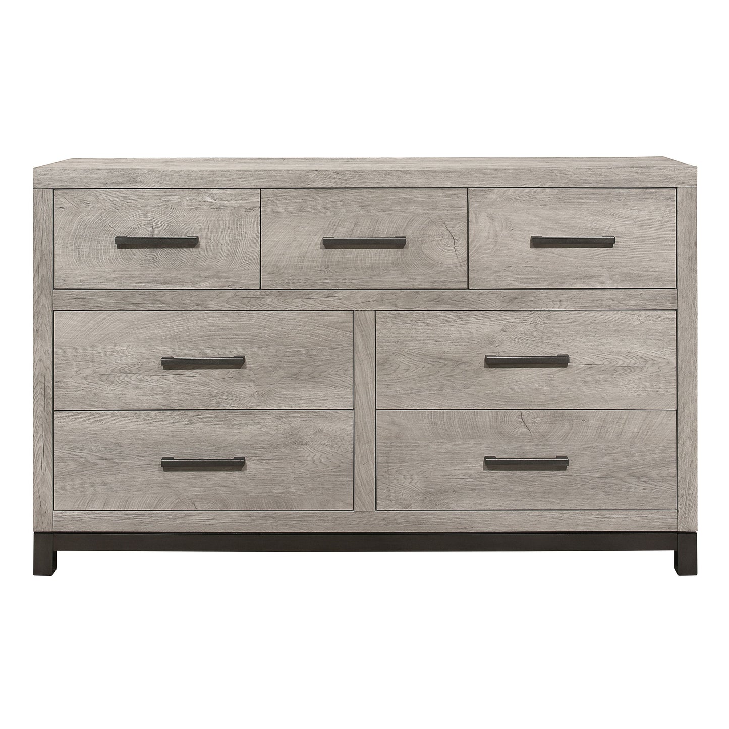 Dresser in gray finish with 7 drawers and metal bar pulls, wooden melamine board construction.