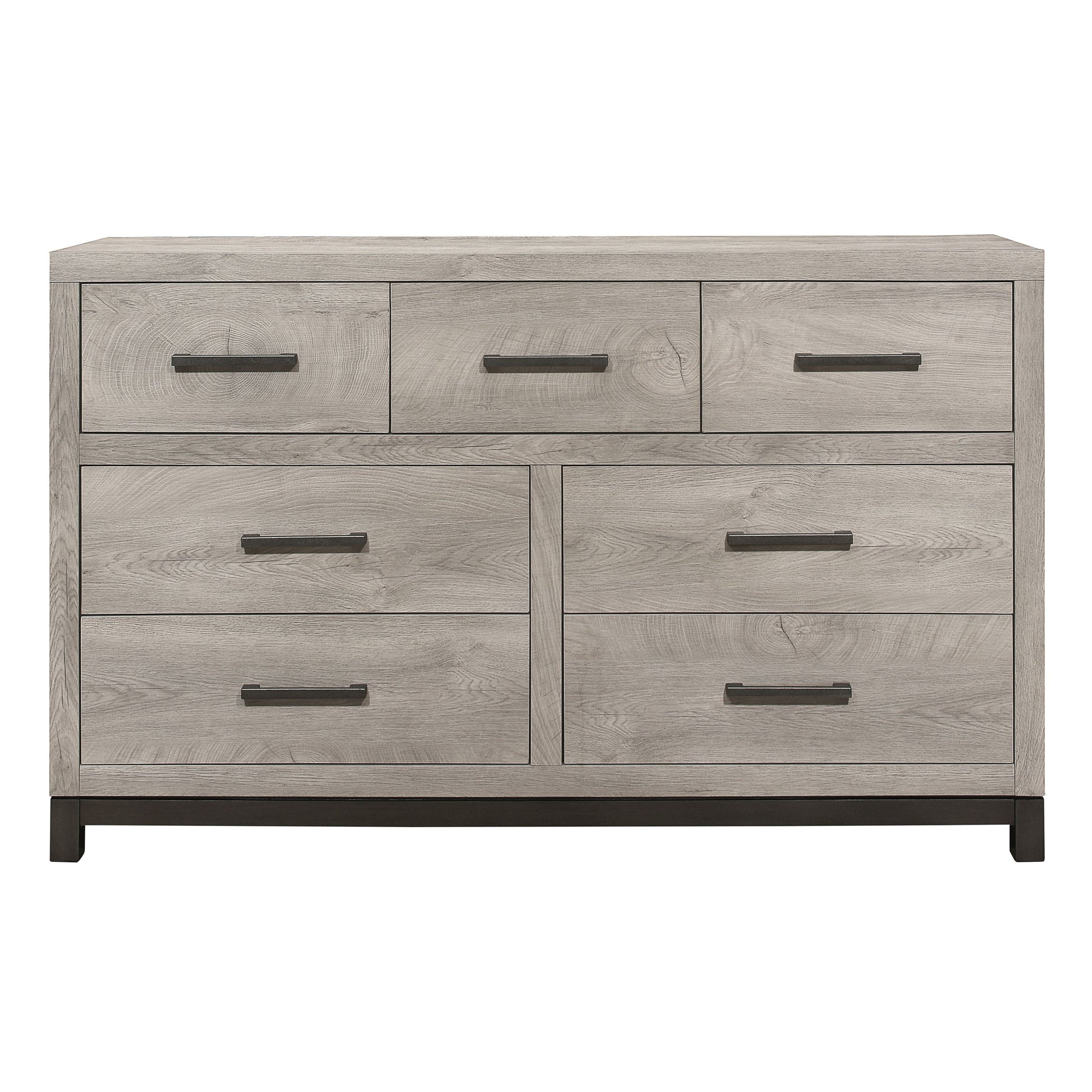 Dresser in gray finish with 7 drawers and metal bar pulls, wooden melamine board construction.