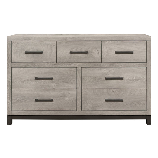 Dresser in gray finish with 7 drawers and metal bar pulls, wooden melamine board construction.