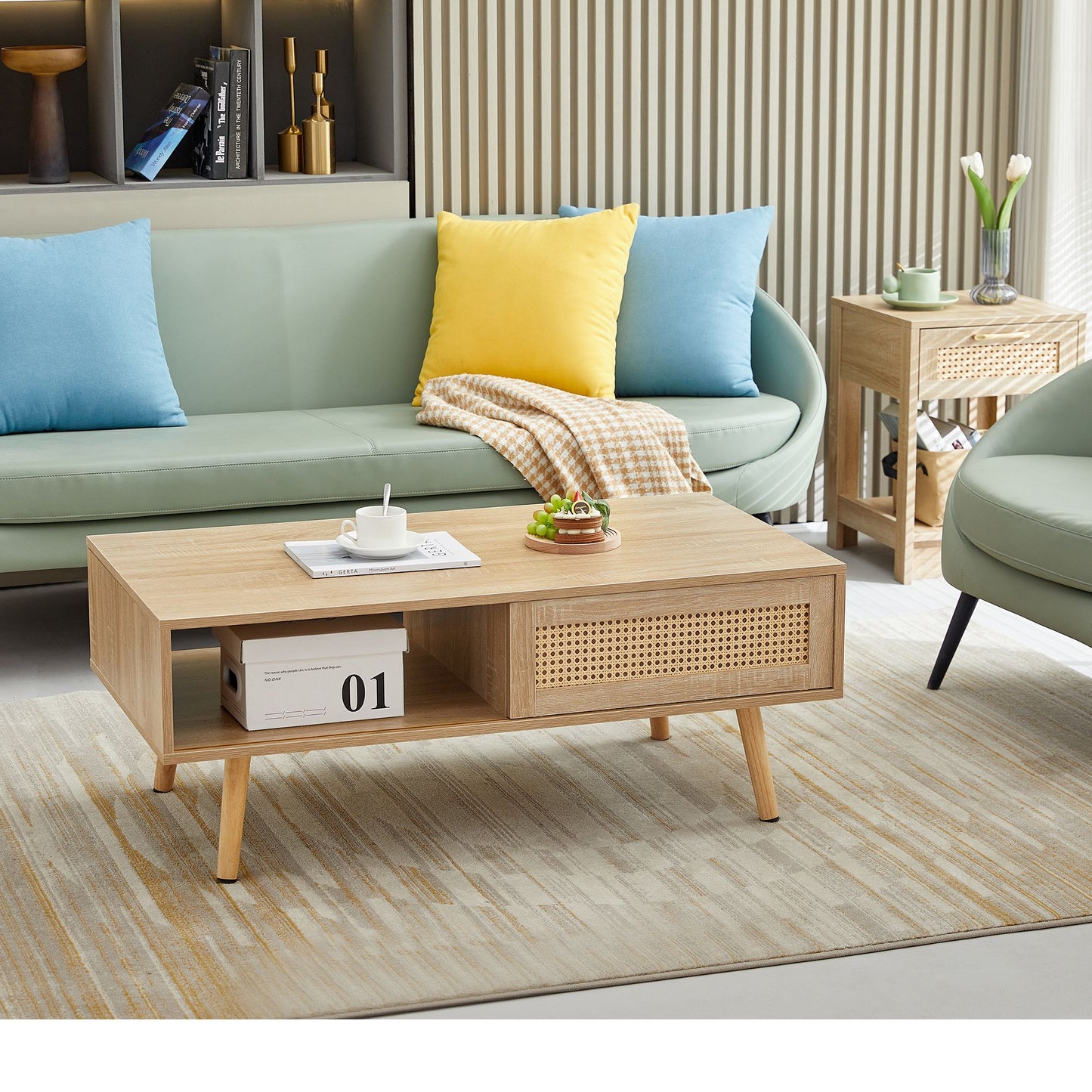41.34-inch rattan coffee table with sliding door storage, natural finish, solid wood legs