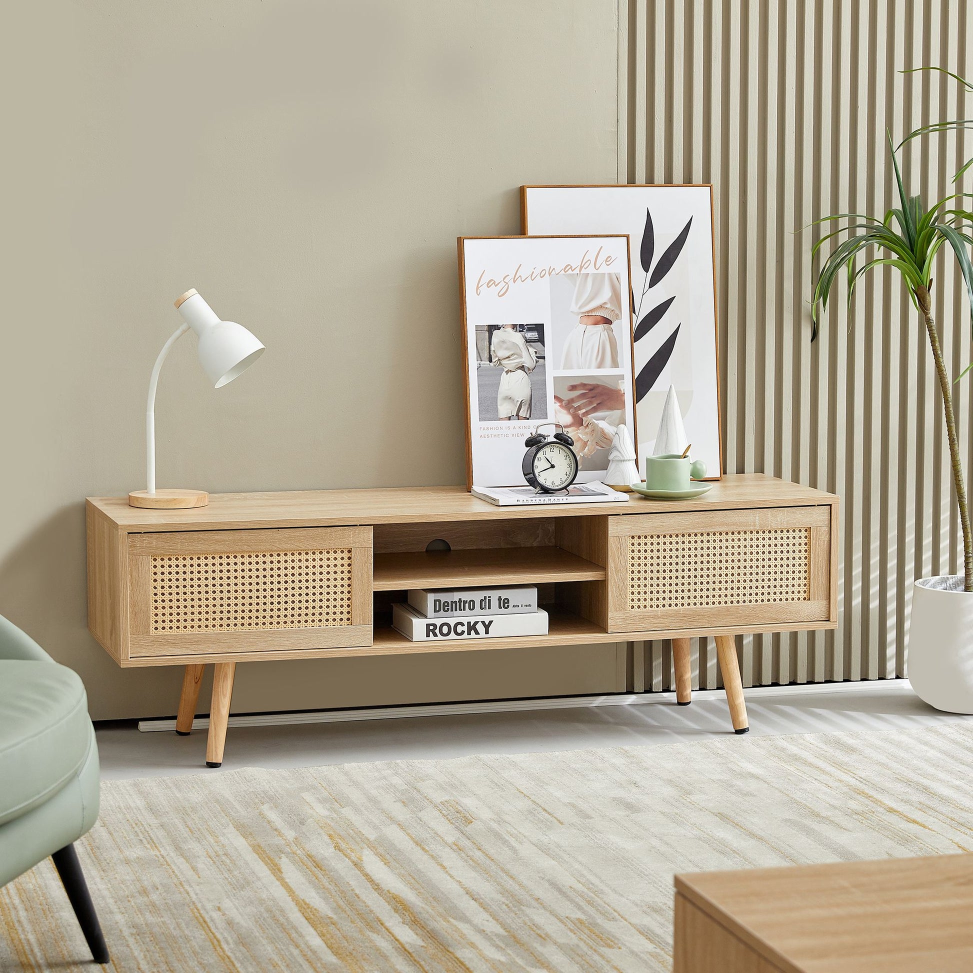 55.12-inch natural rattan TV cabinet with cane-front sliding doors and open center shelf, solid wood legs