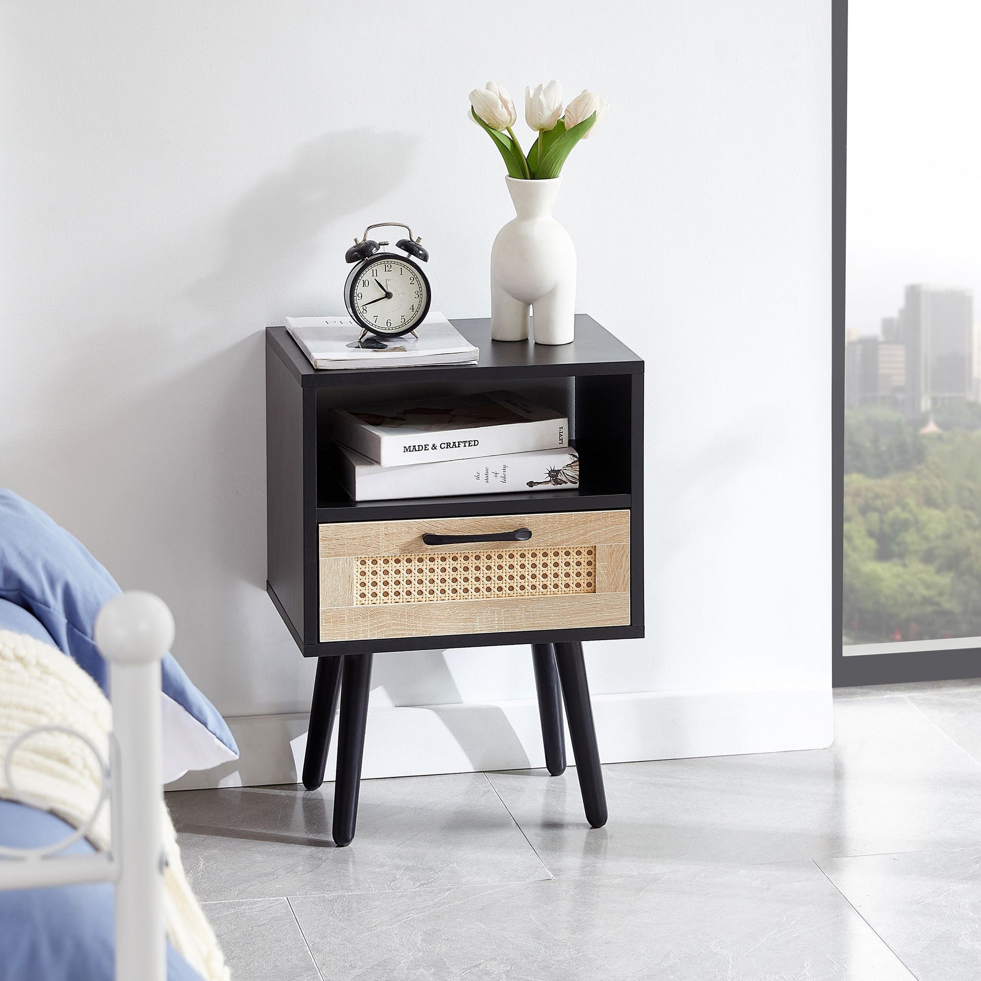 Doba 15.75-inch black rattan end table with drawer and solid wood legs, modern living room side table