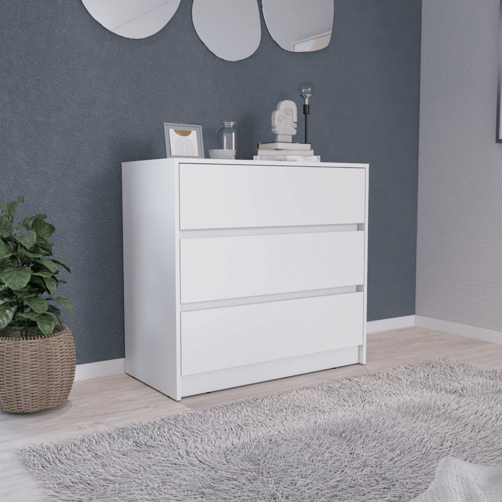 Austin white three-drawer dresser with a sleek modern design