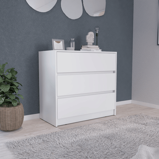 Austin white three-drawer dresser with a sleek modern design