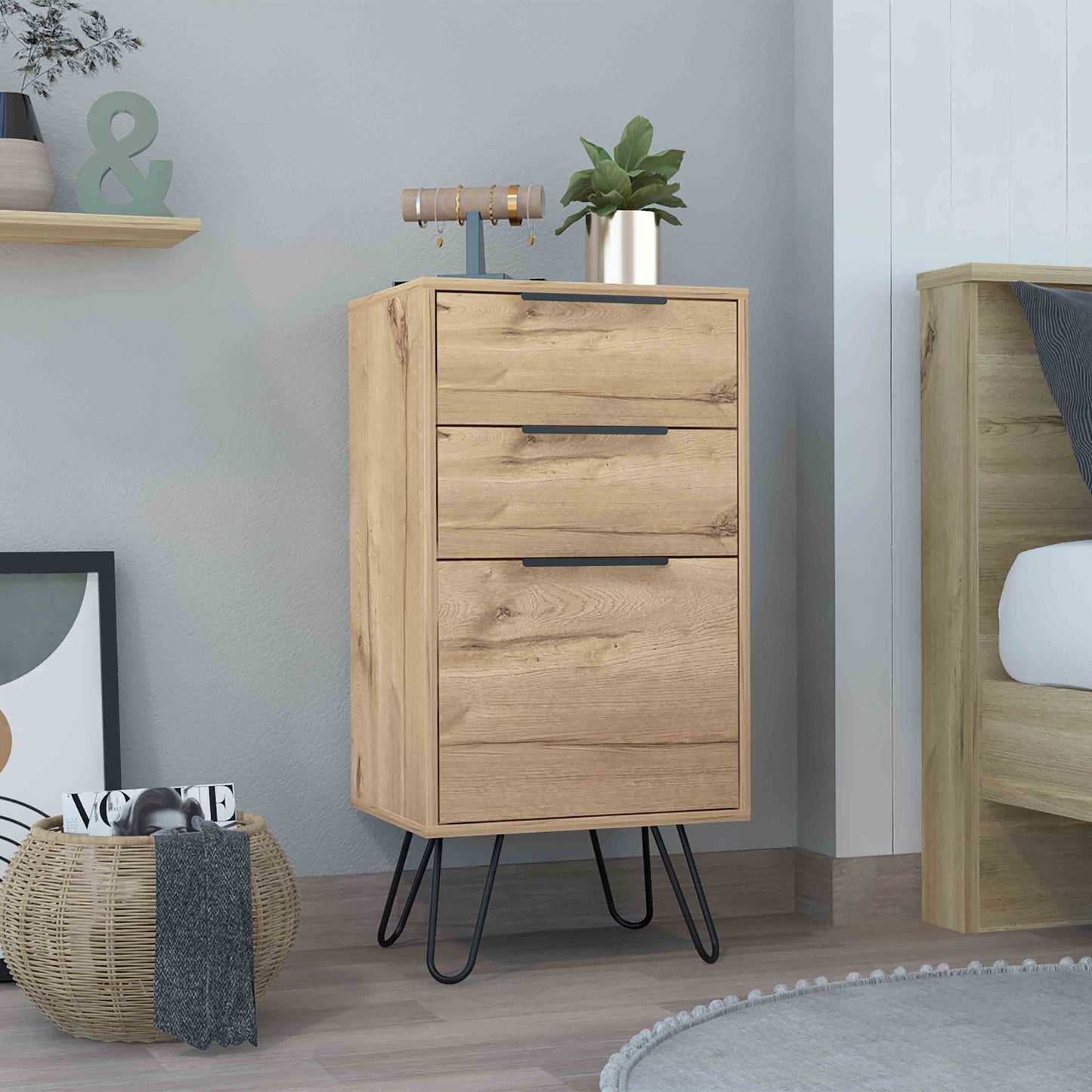 Augusta Light Oak Dresser with hairpin legs and three drawers