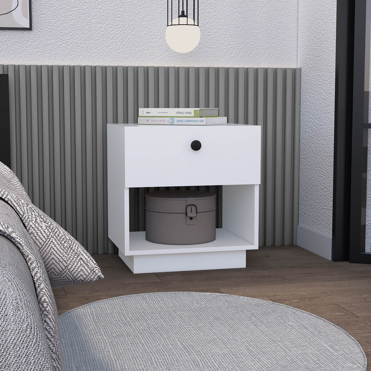 Paris 1-Drawer Nightstand by Doba, white finish with open lower shelf and round black knob